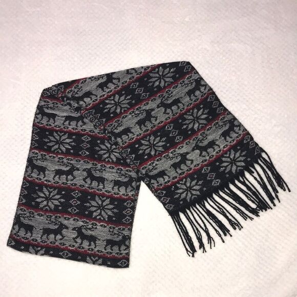 Winter Scarf with Deer Red/Black/White 76“ Long with Fringe - Picture 1 of 7